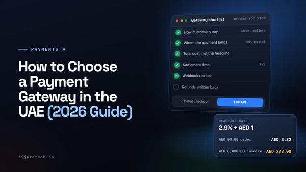 A gateway decision checklist with a fee check for 2.9% plus AED 1 on an AED 80.00 order and an AED 8,000.00 invoice